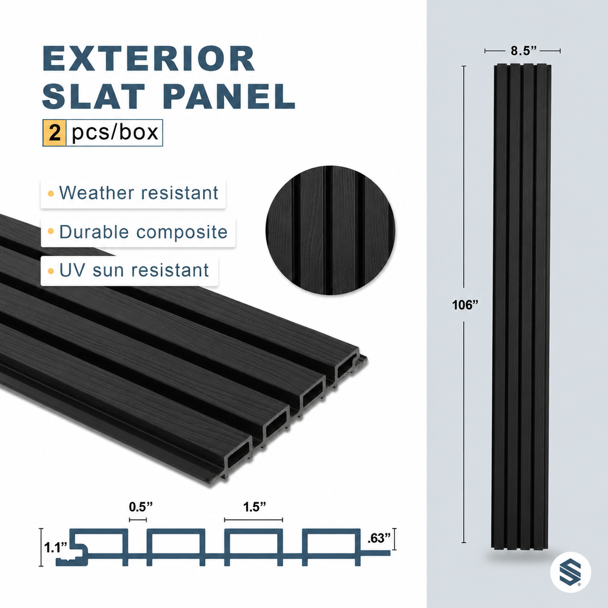 Enhanced Grain – Ultra Black Exterior Composite Slat Wall Paneling | Wood-Grain Finish