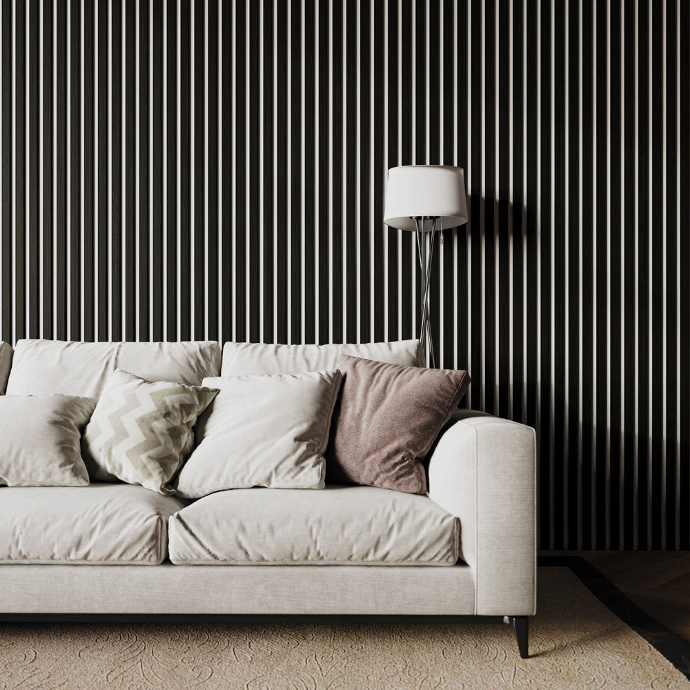 Black Oak Acoustic Wall Panels With Pure-White Accents Interior Soundproof Slat Wood Siding (Coastal Collection)