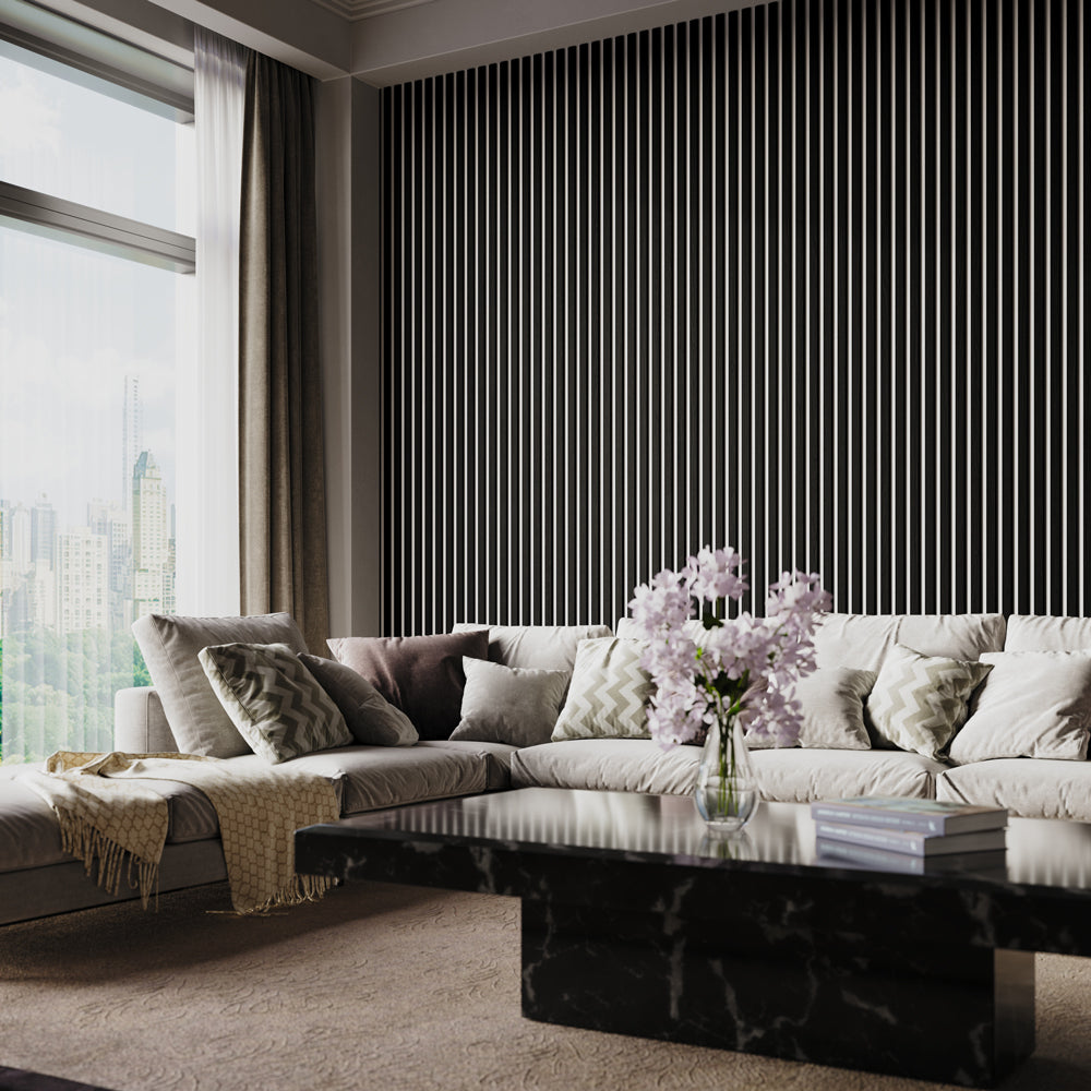 Black Oak Acoustic Wall Panels With Pure-White Accents Interior Soundproof Slat Wood Siding (Coastal Collection)