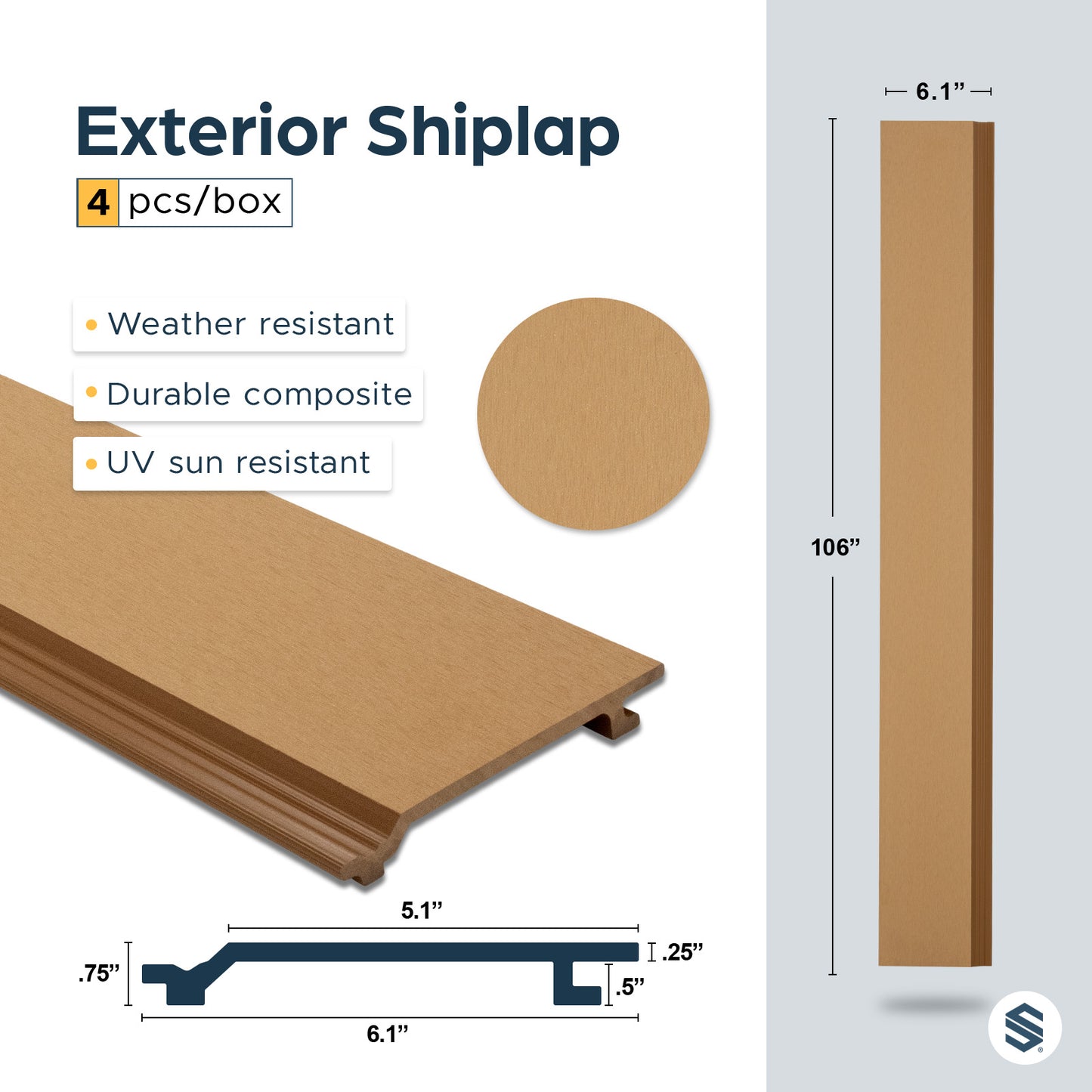 Exterior shiplap with dimensions and features on a white background