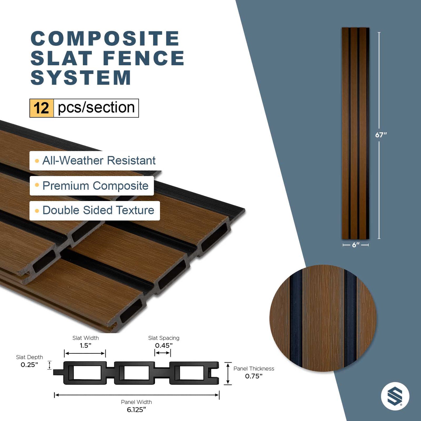All-Weather WPC Composite Fence Slat Panel System - Weathered Teak With Black Accents
