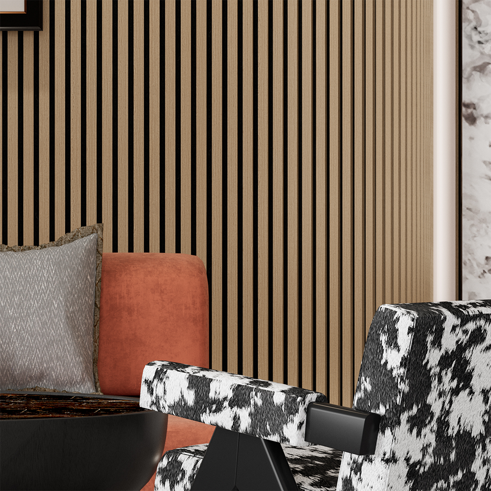 Flexible Acoustic Slat Wood Wall Paneling Soundproofing Siding – Light Walnut by SlatSolution®