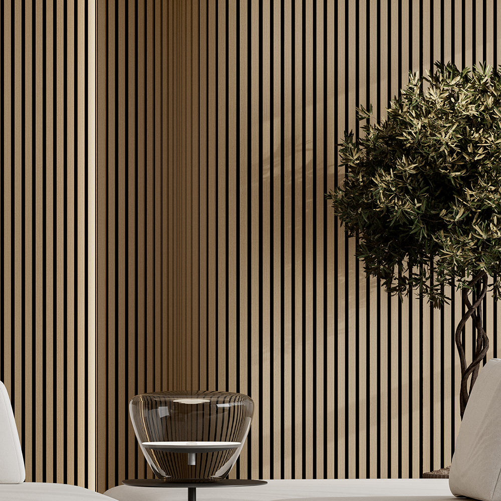 Flexible Acoustic Slat Wood Wall Paneling Soundproofing Siding – Light Walnut by SlatSolution®