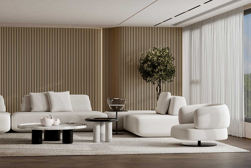 Flexible Acoustic Slat Wood Wall Paneling Soundproofing Siding – Light Walnut by SlatSolution®
