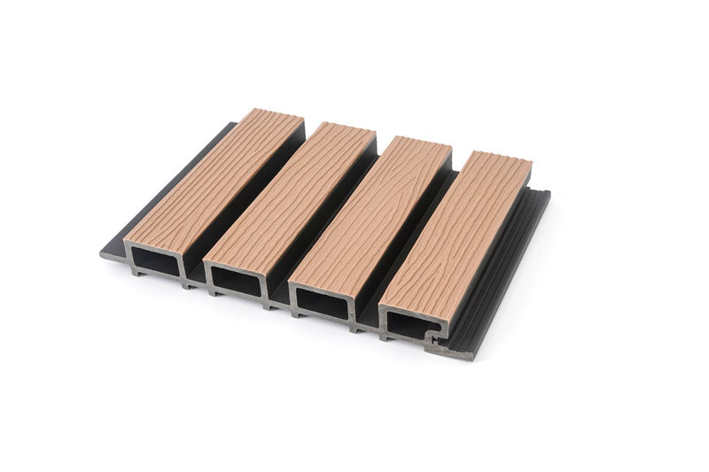 Maple Exterior Slat Wall Paneling With Black Accents and Embossed Wood-Effect Composite Siding