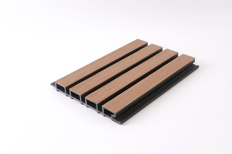 Maple Exterior Slat Wall Paneling With Black Accents and Embossed Wood-Effect Composite Siding