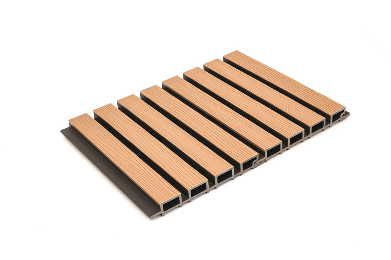 Maple Exterior Slat Wall Paneling With Black Accents and Embossed Wood-Effect Composite Siding