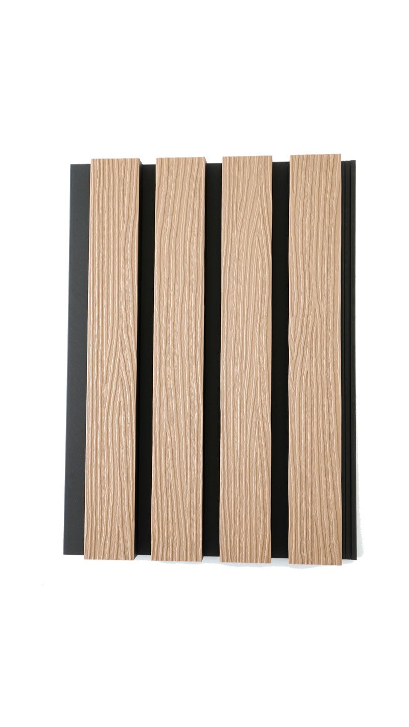 Maple Exterior Slat Wall Paneling With Black Accents and Embossed Wood-Effect Composite Siding