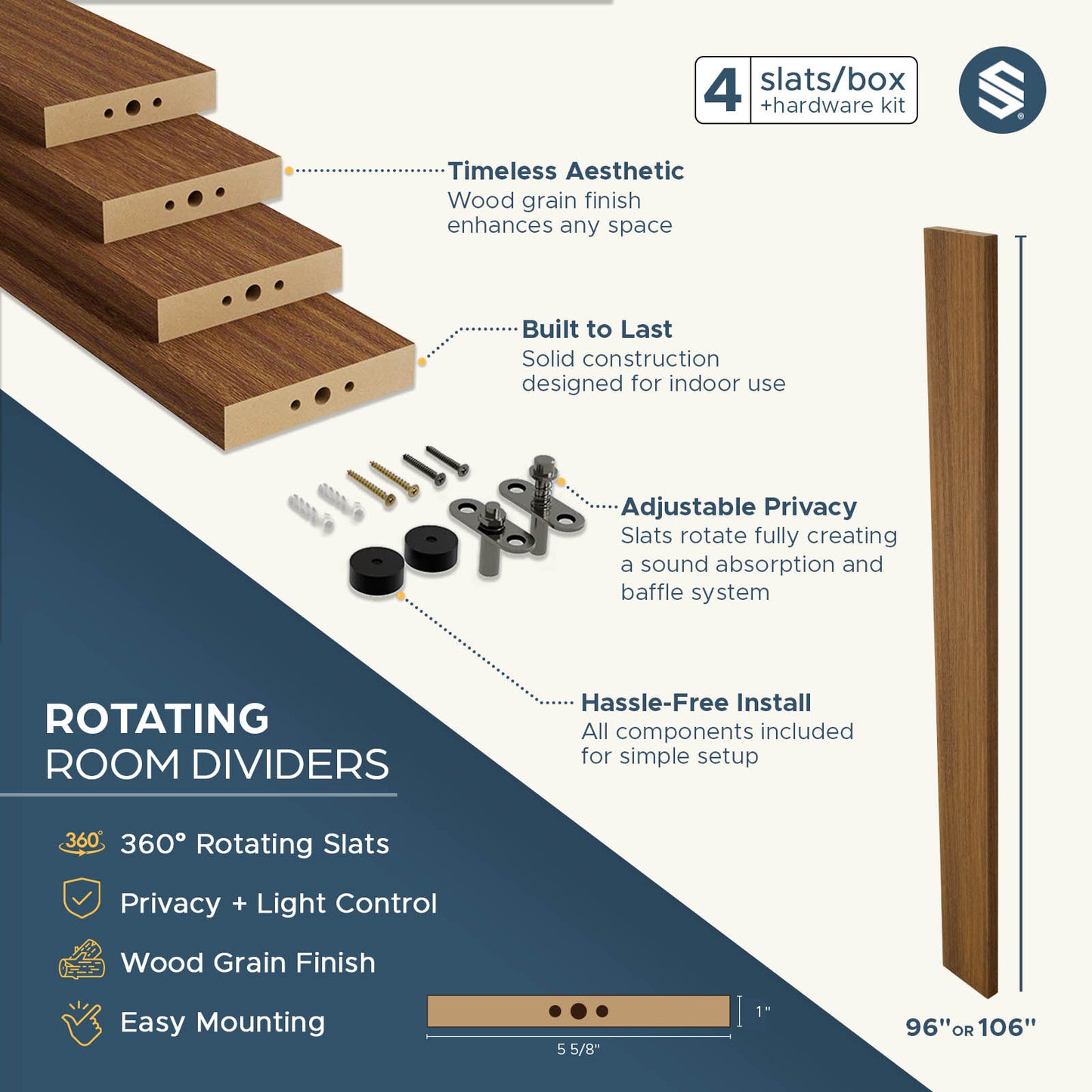 Swivel Slat Wood Room Divider Wall Partition – Antique Maple Room Separator, Privacy Screen