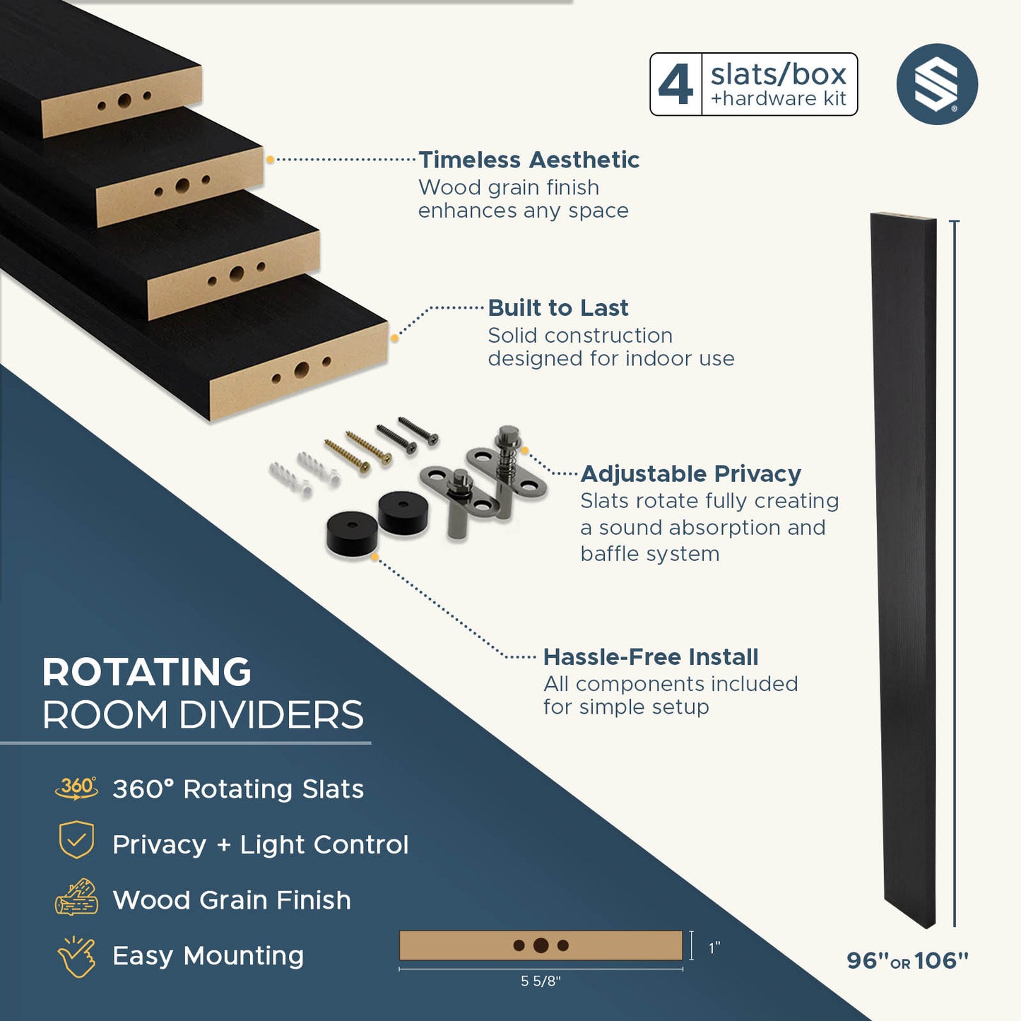 Swivel Slat Wood Room Divider Wall Partition – Black Room Separator, Privacy Screen