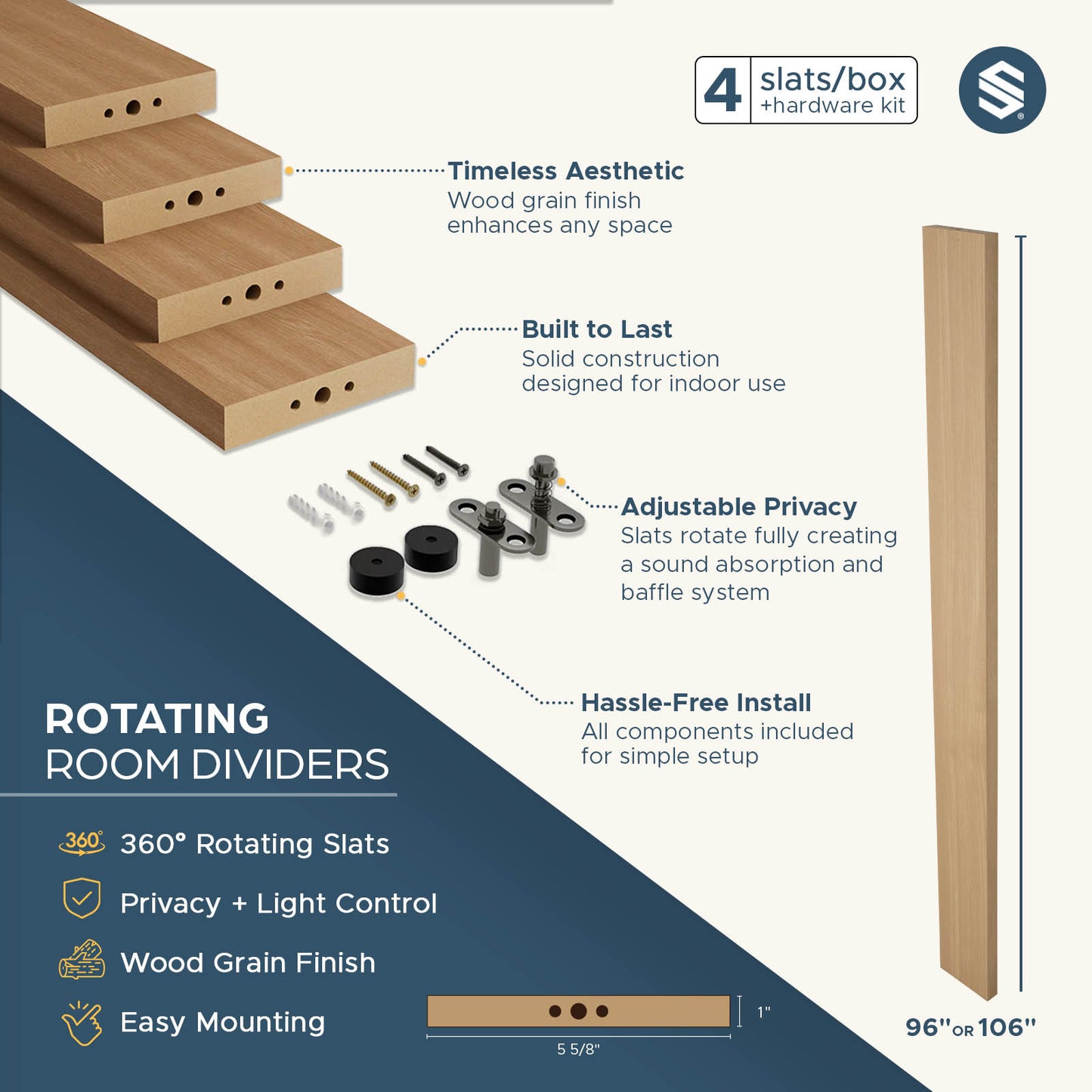 Swivel Slat Wood Room Divider Wall Partition – Champagne Oak Room Separator, Privacy Screen