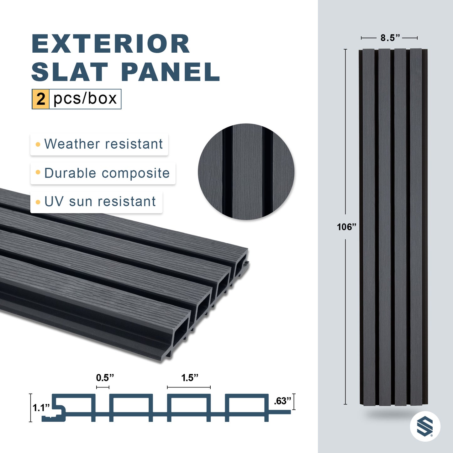 Exterior slat panel with specifications and dimensions on a gray background