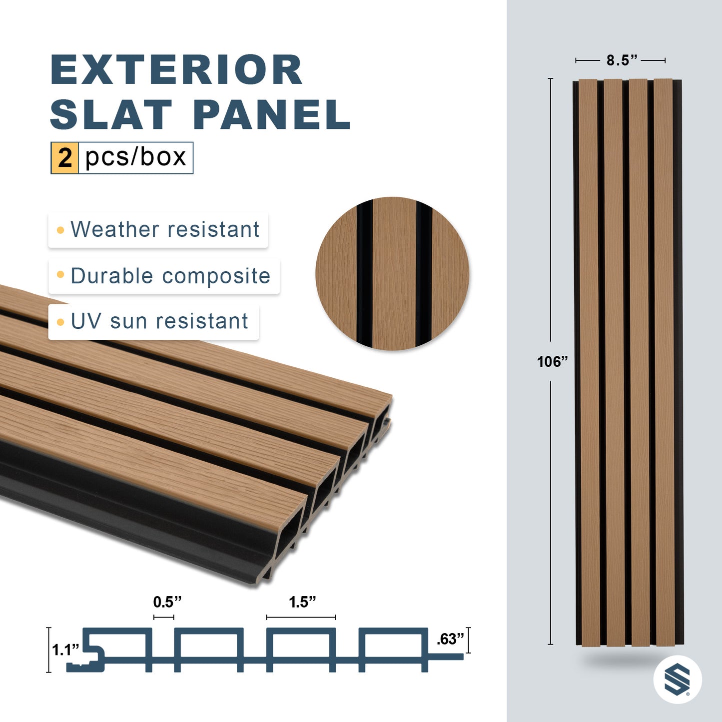 Maple Exterior Slat Wall Paneling With Black Accents and Embossed Wood-Effect Composite Siding