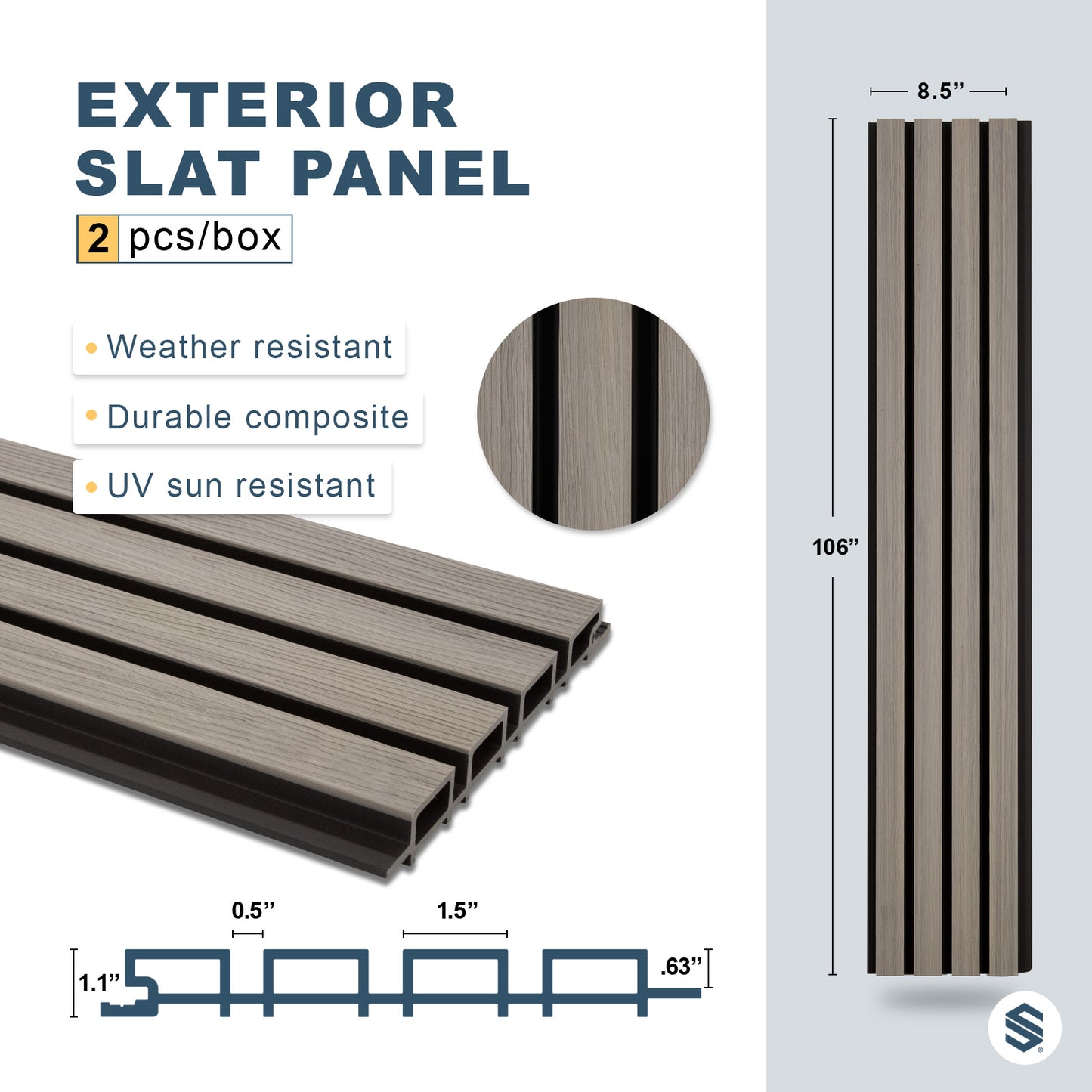 Exterior slat panel with dimensions and features on a gray background