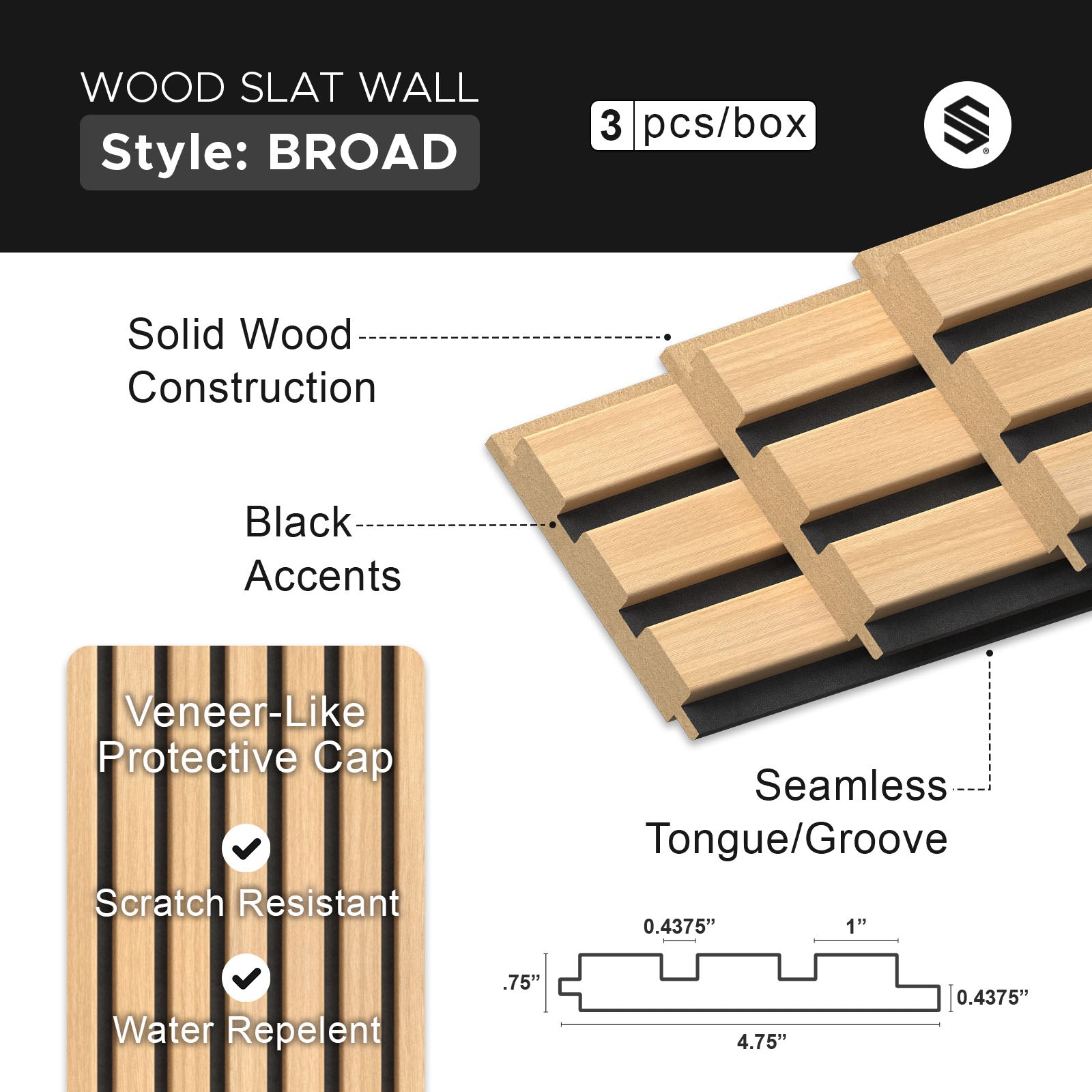 Maple With Black Accents Slat Wood Wall Panels - Broad