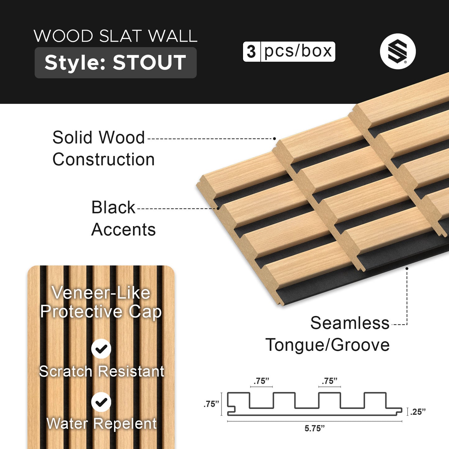 Maple With Black Accents With Black Accents Wood Slat Panels for Walls - Stout