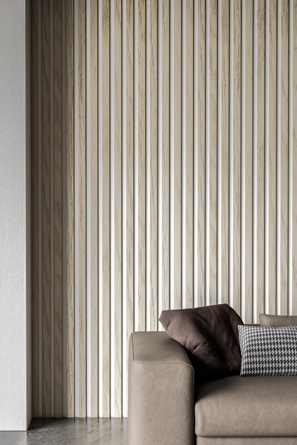 Taupe Oak Acoustic Wall Panels With Pure-White Accents Interior Soundproof Slat Wood Siding