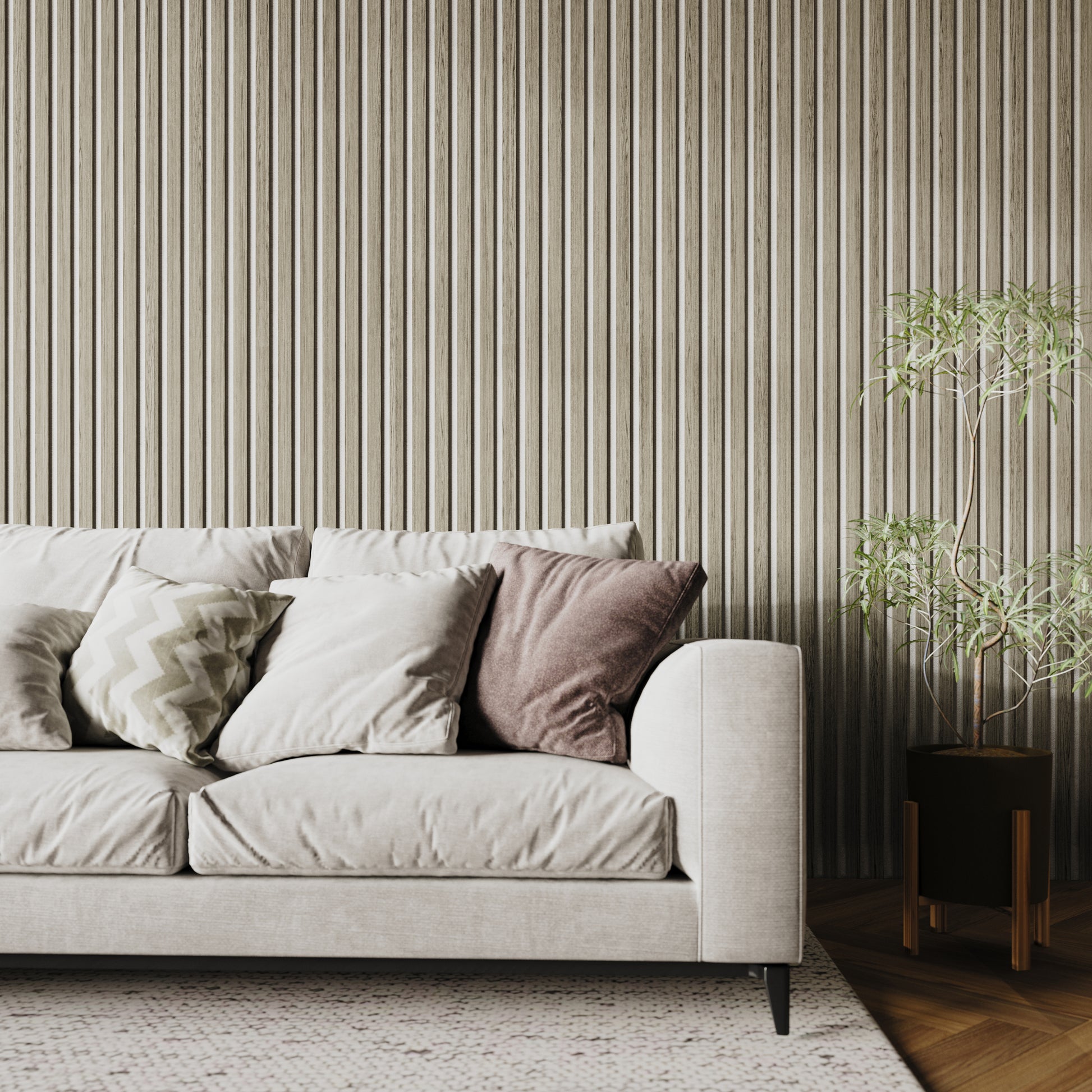 Taupe Oak Acoustic Wall Panels With Pure-White Accents Interior Soundproof Slat Wood Siding