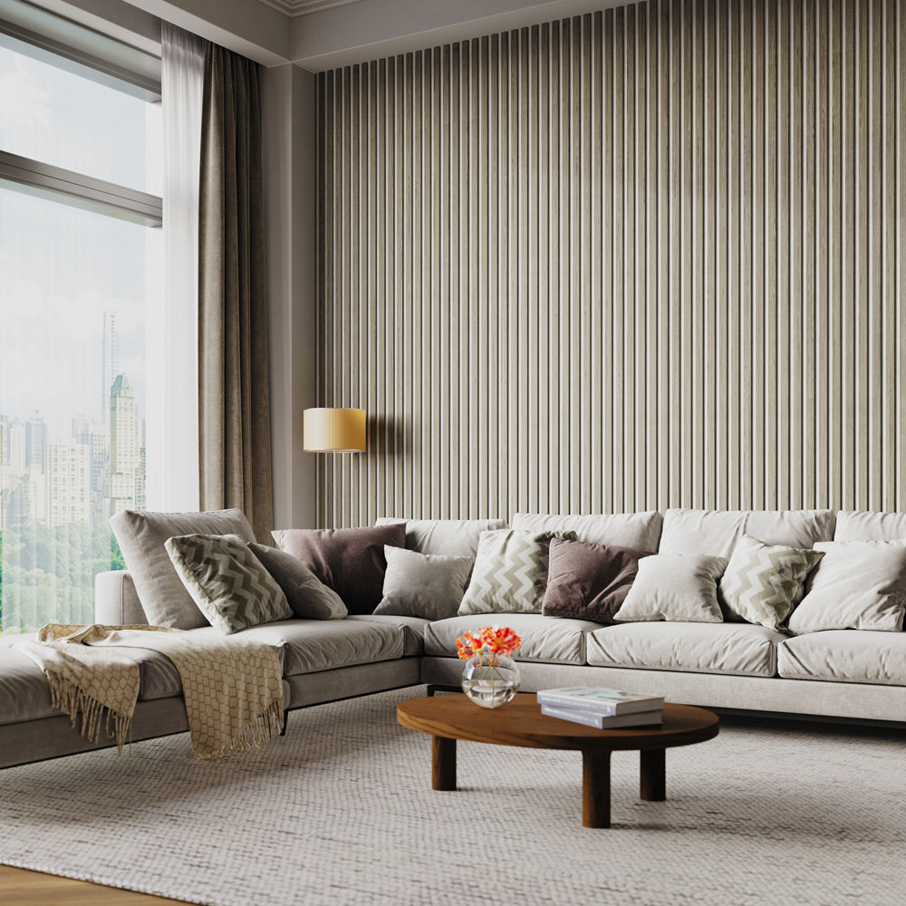 Taupe Oak Acoustic Wall Panels With Pure-White Accents Interior Soundproof Slat Wood Siding