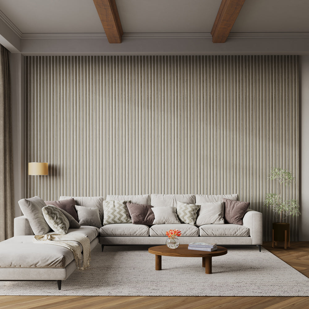 Taupe Oak Acoustic Wall Panels With Pure-White Accents Interior Soundproof Slat Wood Siding