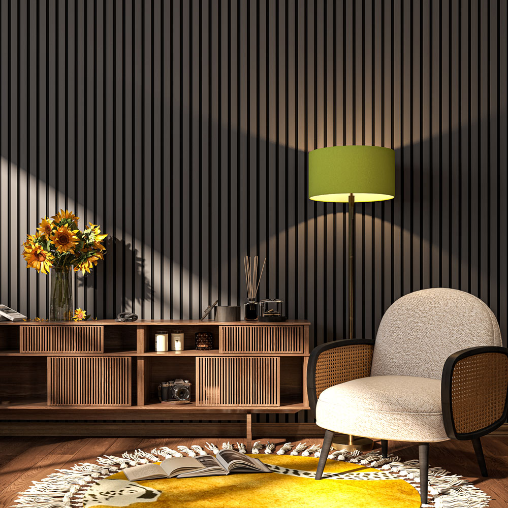 charcoal gray acoustic slat wood panels