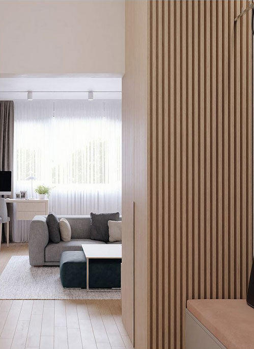 hallway slat wood paneling