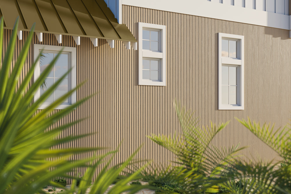 Maple Exterior Slat Wall Paneling With Black Accents and Embossed Wood-Effect Composite Siding