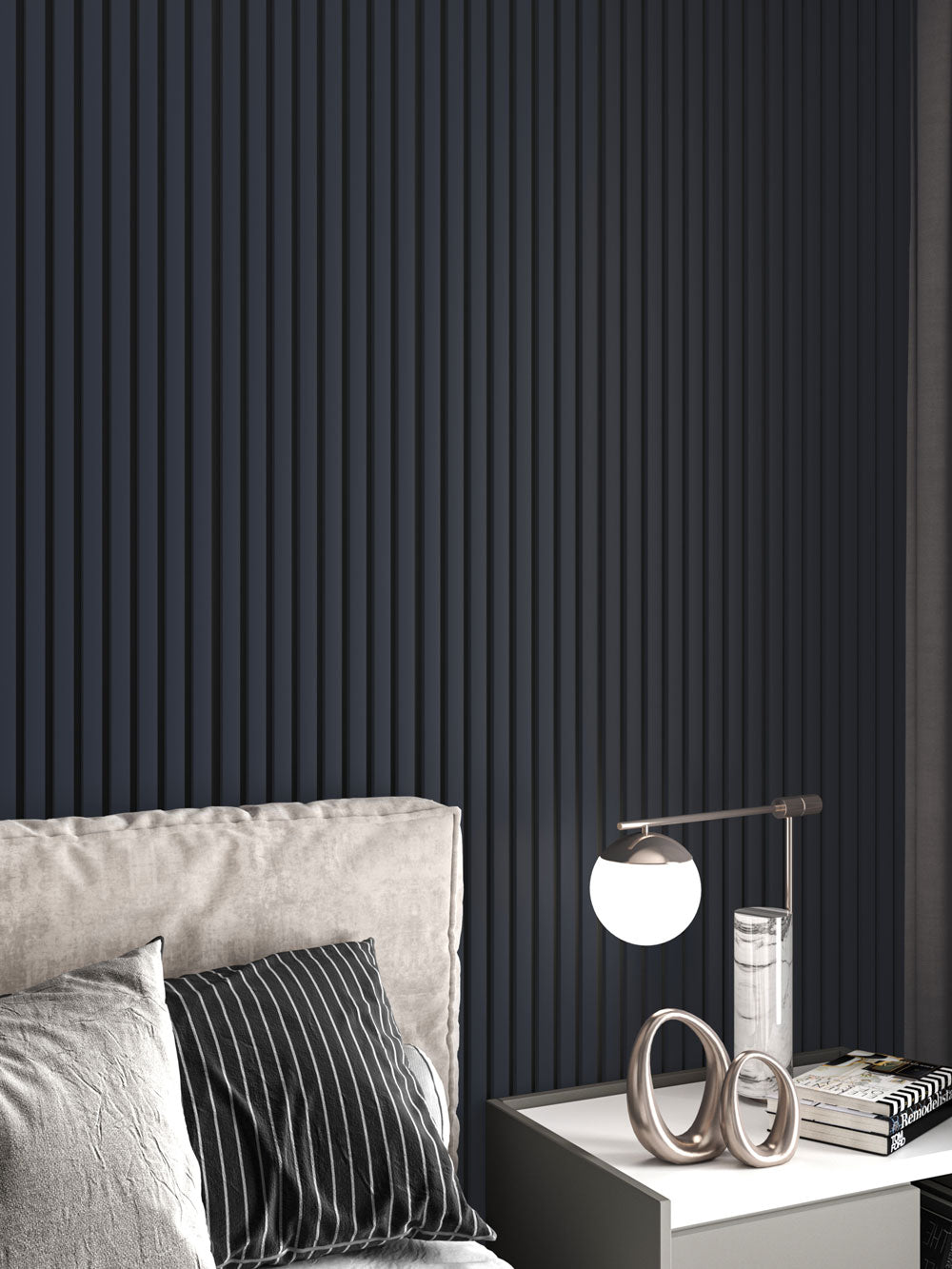 midnight blue slat wood wall paneling