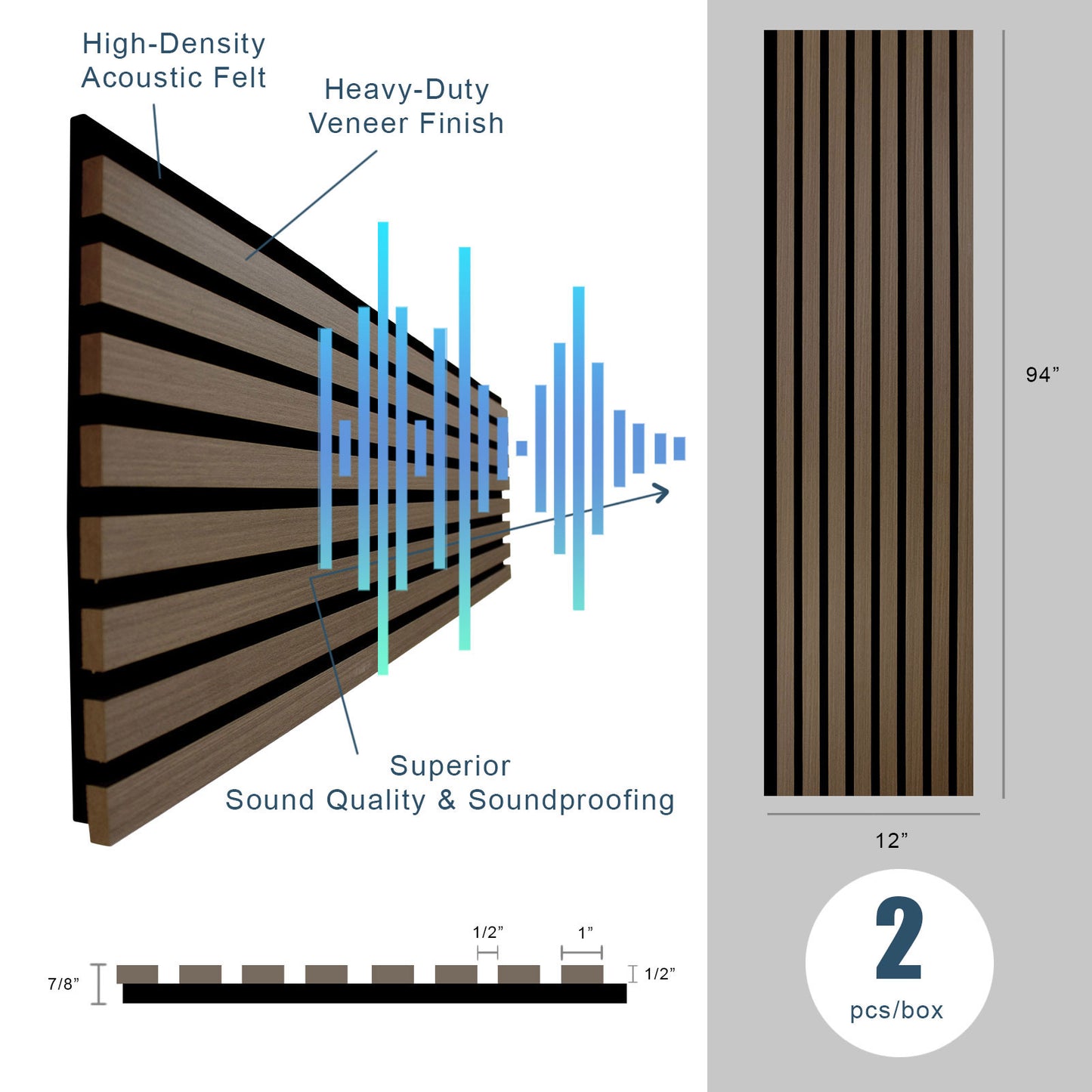 Mocha Brown Acoustic Slat Wood Paneling for Soundproofing Walls (94" x 12") or (106" x 12")