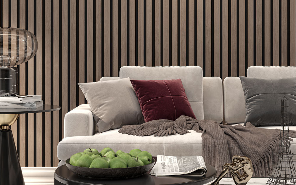 Mocha Brown Acoustic Slat Wood Paneling for Soundproofing Walls (94" x 12") or (106" x 12")