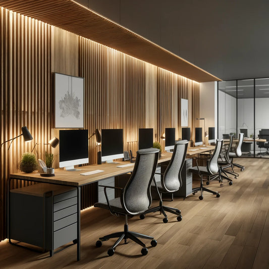 office with slatted wood panels