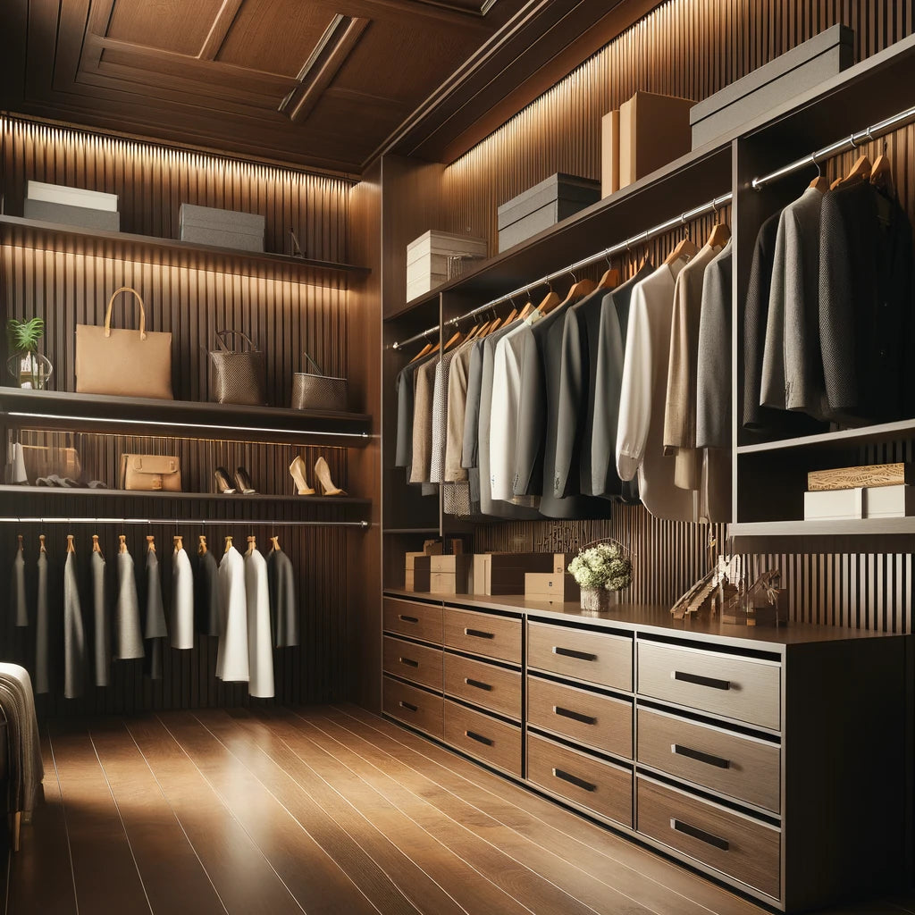 Closet with slatted wood panels