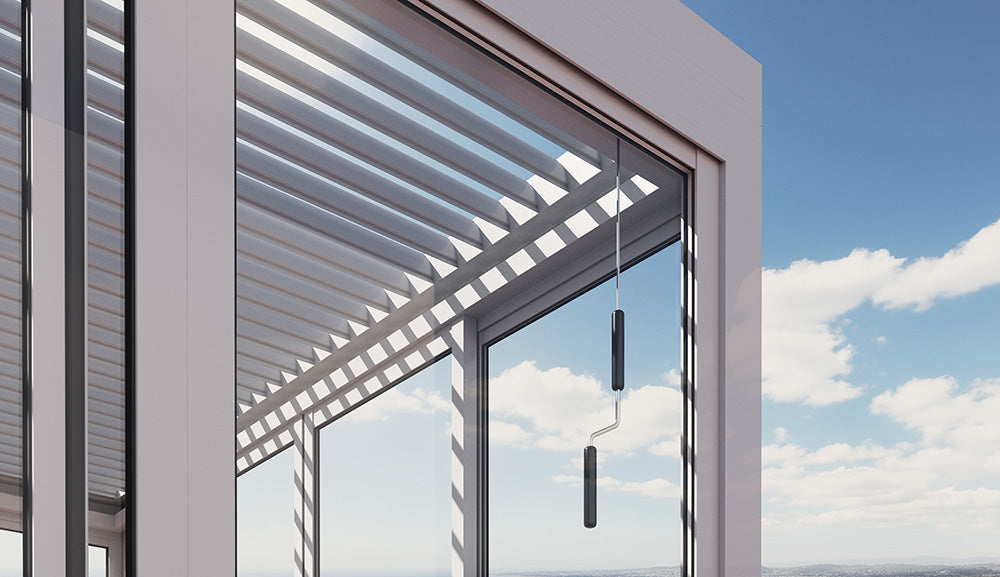 Cielos™ 360° Panorámica 4-Sided Glass Pergola with Louvered Roof – White 13′×10′ ft (4 Sliding Doors)