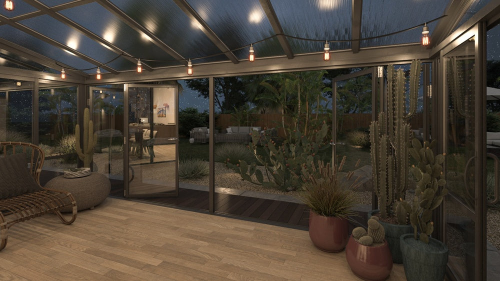 Brisas™ Bi-Fold Door Glass Sunroom &amp; Solarium (Black – 16.7 ft. Wide)