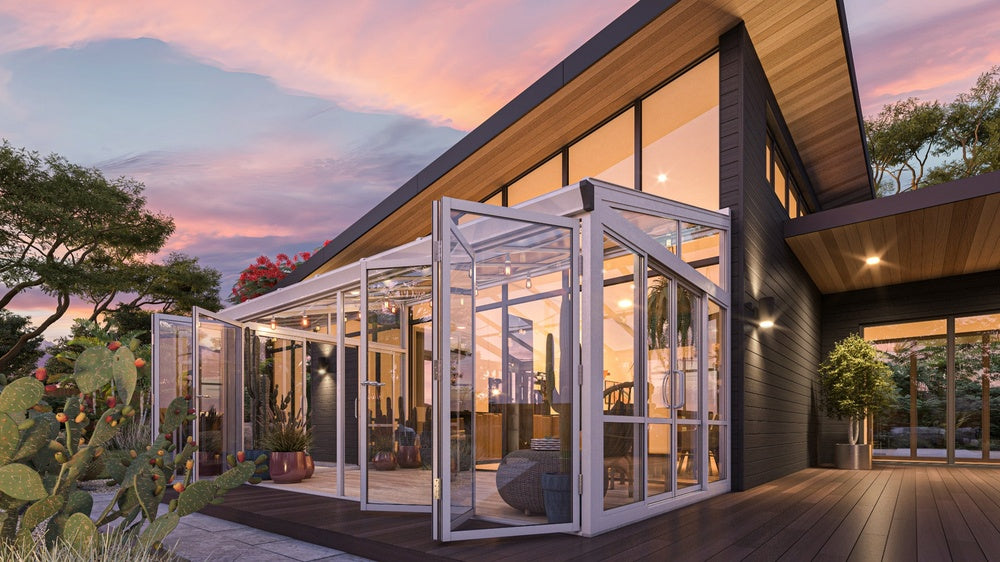 Brisas™ Bi-Fold Door Glass Sunroom &amp; Solarium (White – 16.7 ft. Wide)