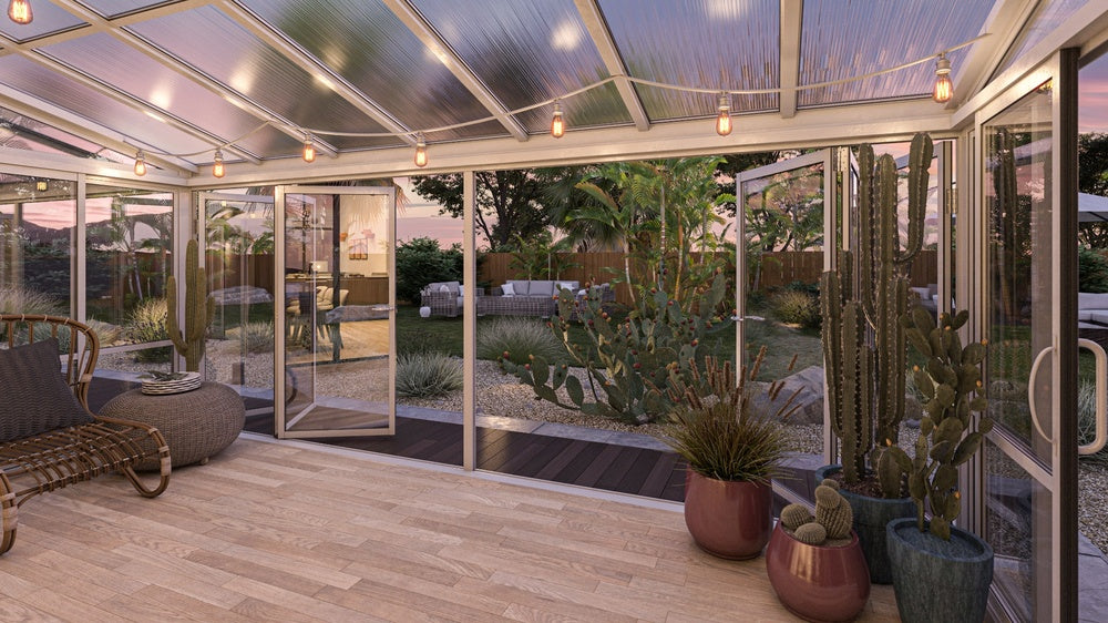 Brisas™ Bi-Fold Door Glass Sunroom &amp; Solarium (White – 16.7 ft. Wide)