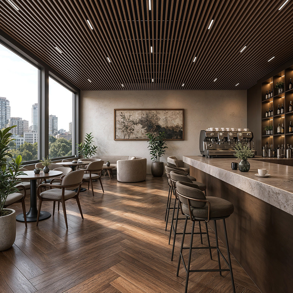 Suspended Acoustic Drop Ceiling Wood Baffle System – Antique Oak