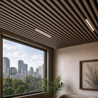Suspended Acoustic Drop Ceiling Wood Baffle System – Antique Oak