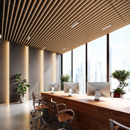 Suspended Acoustic Drop Ceiling Wood Baffle System – Light Oak