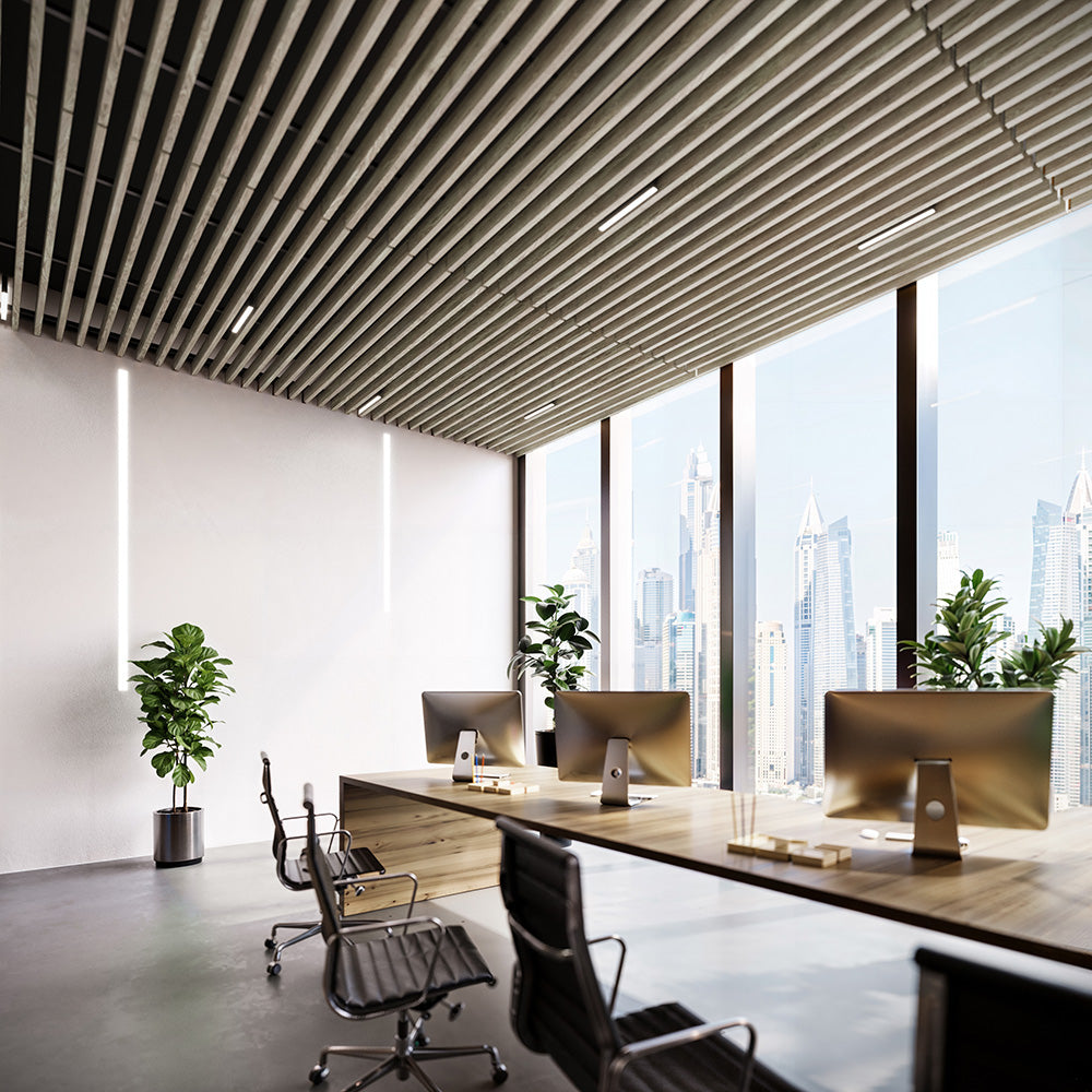 Suspended Acoustic Drop Ceiling Wood Baffle System – Light Walnut