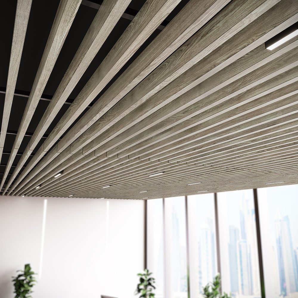 Suspended Acoustic Drop Ceiling Wood Baffle System – Light Walnut