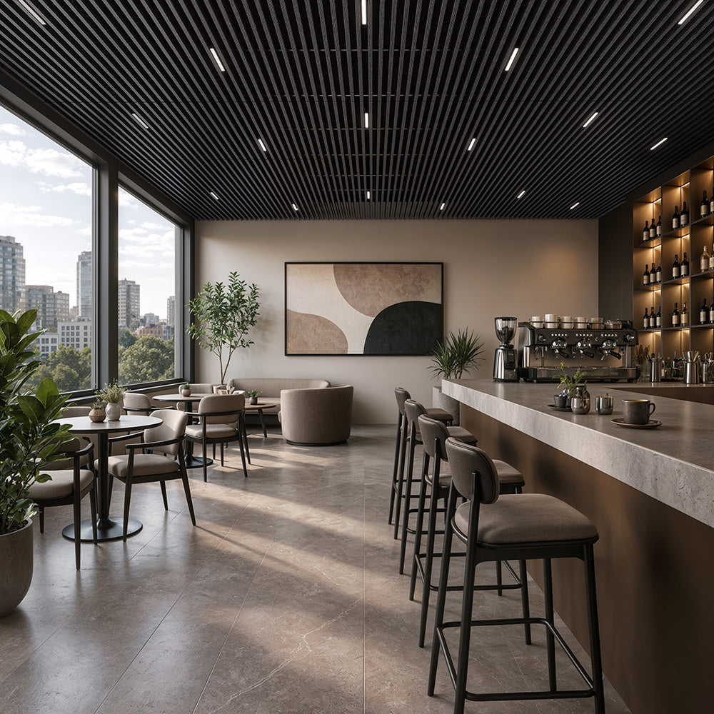 Suspended Acoustic Drop Ceiling Wood Baffle System – Ultra Black