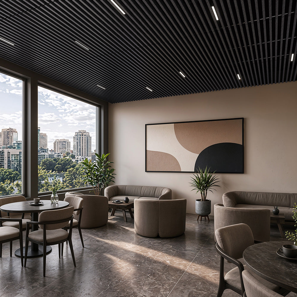 Suspended Acoustic Drop Ceiling Wood Baffle System – Ultra Black
