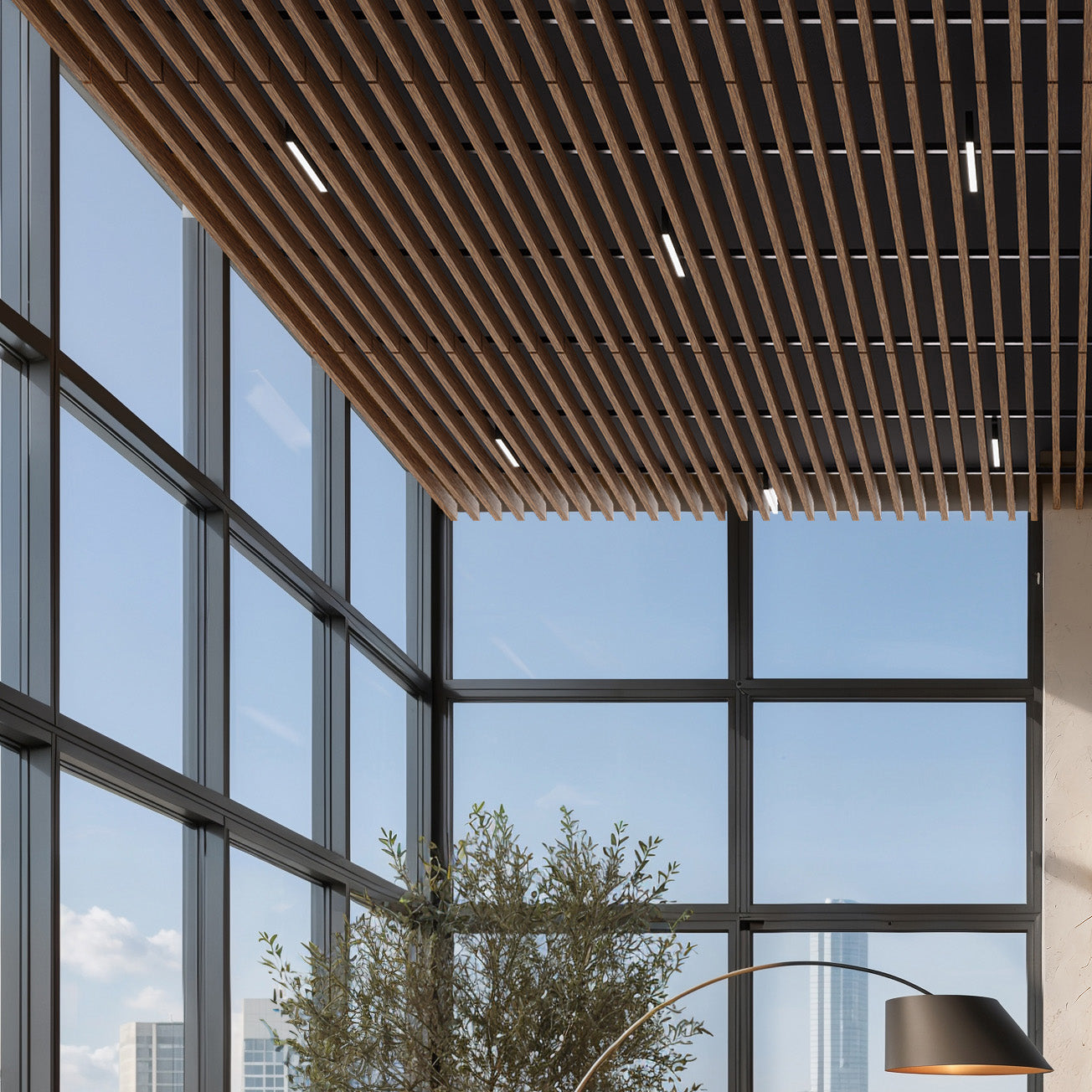 Suspended Acoustic Drop Ceiling Wood Baffle System – Antique Maple
