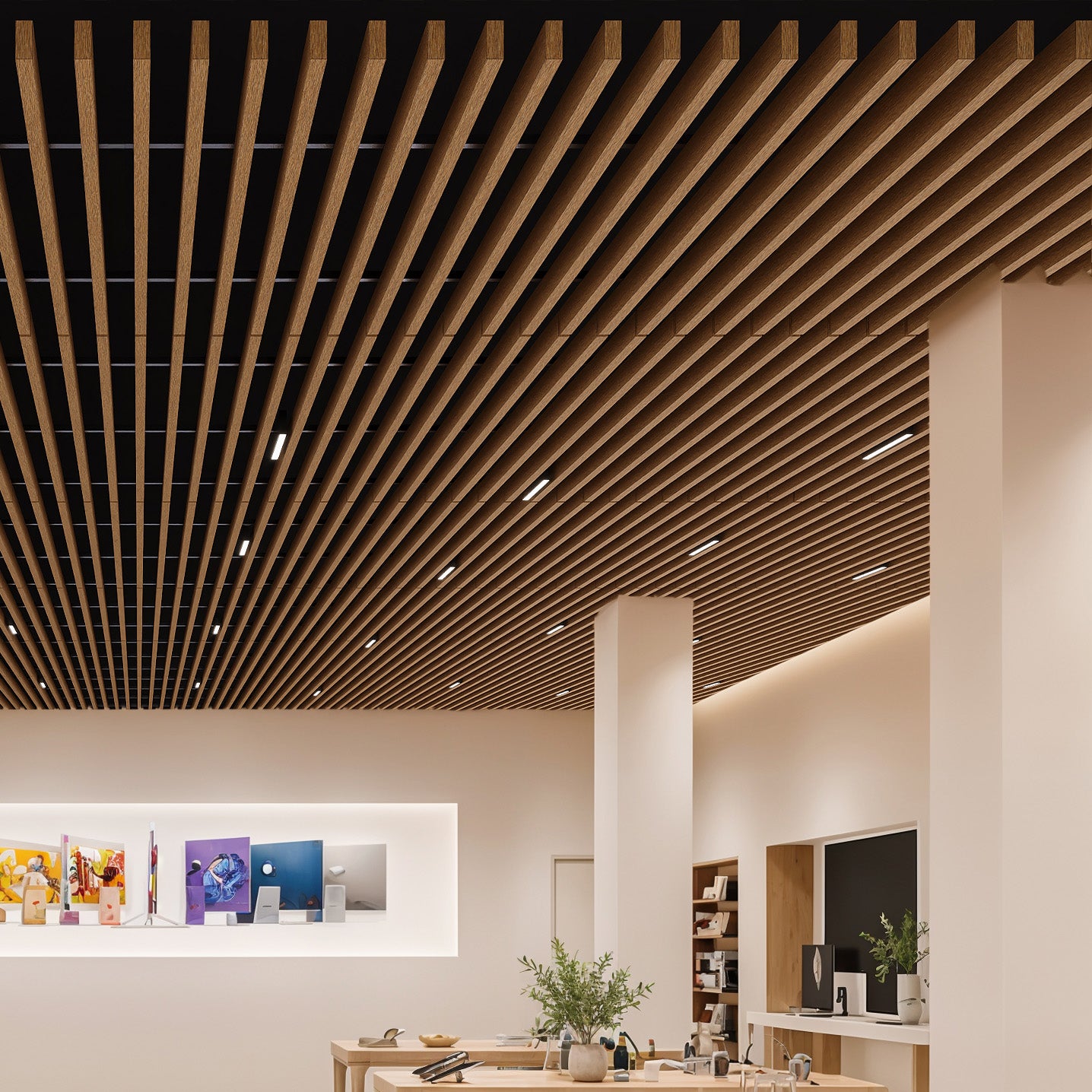 Suspended Acoustic Drop Ceiling Wood Baffle System – Antique Maple