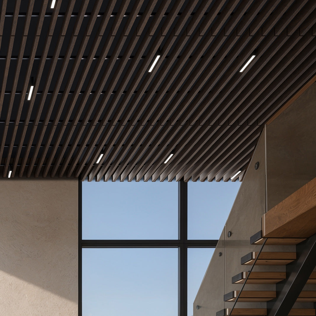 Suspended Acoustic Drop Ceiling Wood Baffle System – Antique Oak
