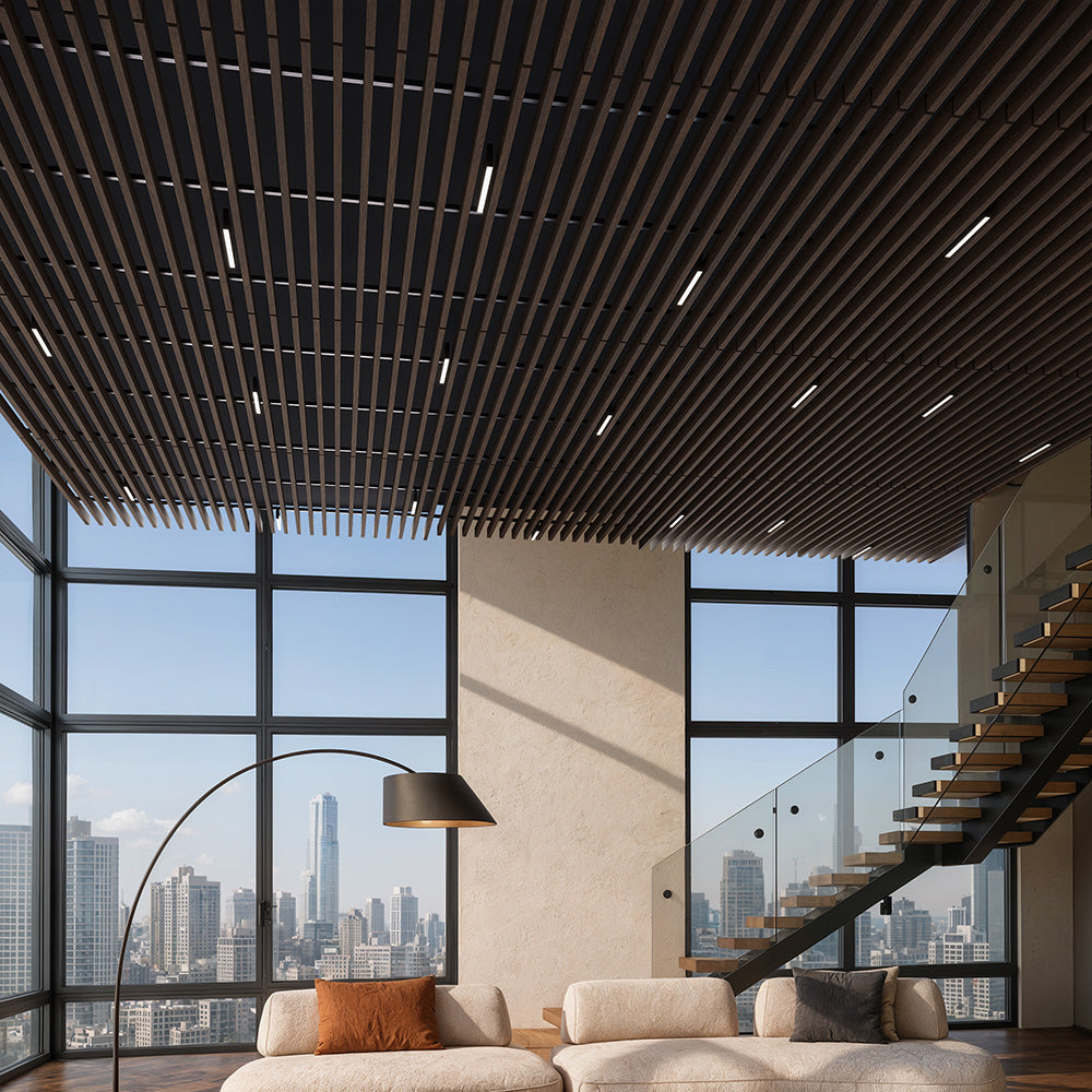 Suspended Acoustic Drop Ceiling Wood Baffle System – Antique Oak