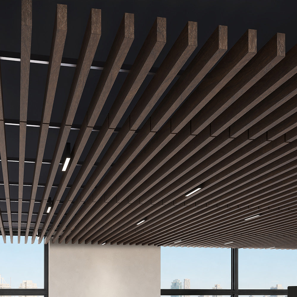 Suspended Acoustic Drop Ceiling Wood Baffle System – Antique Oak