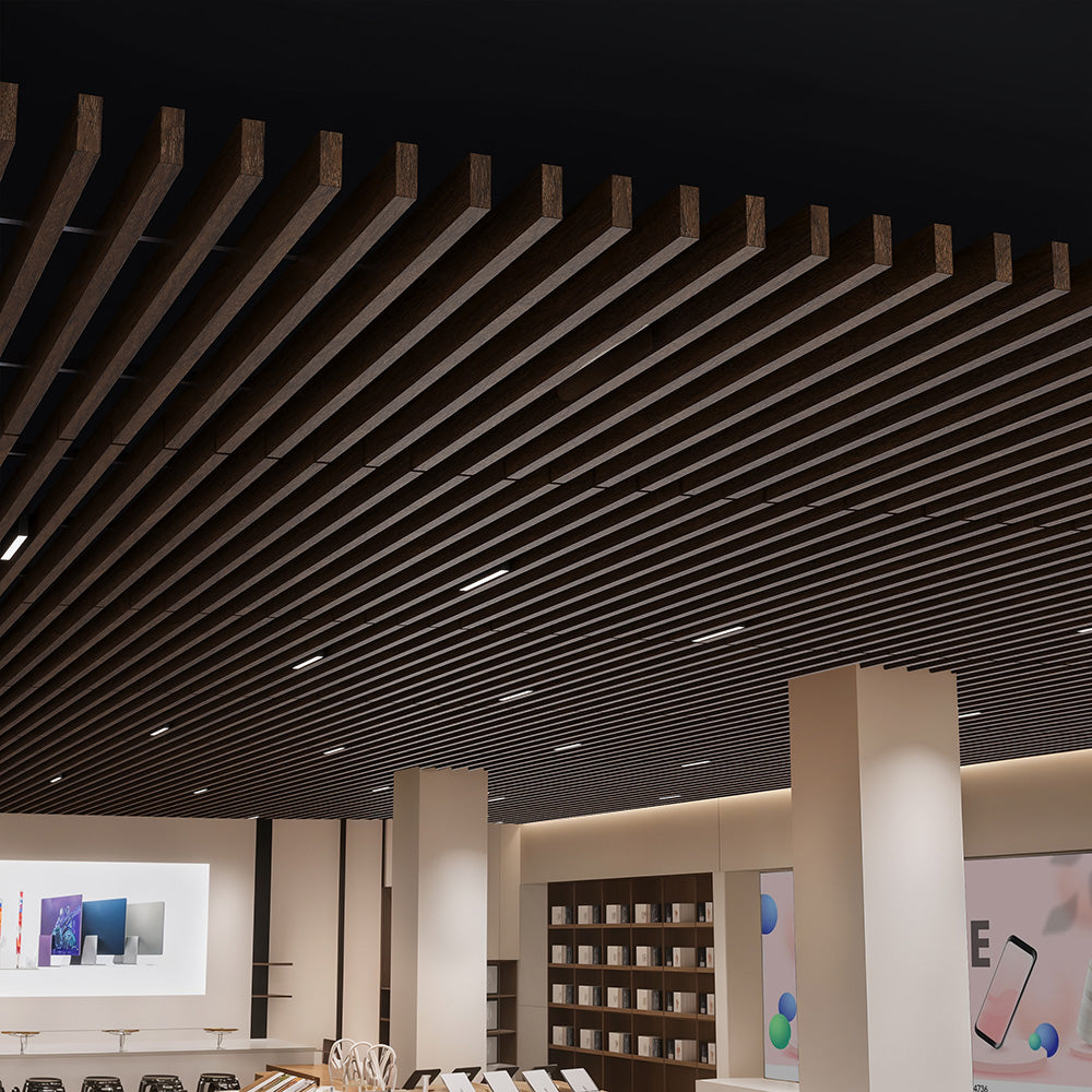 Suspended Acoustic Drop Ceiling Wood Baffle System – Antique Oak