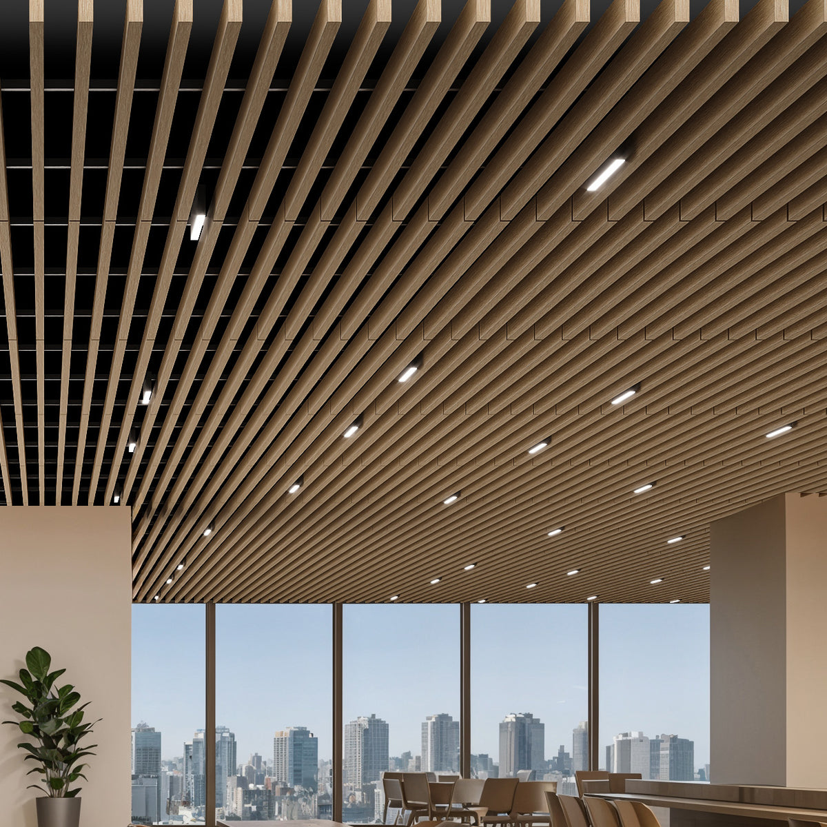 Suspended Acoustic Drop Ceiling Wood Baffle System – Natural Oak